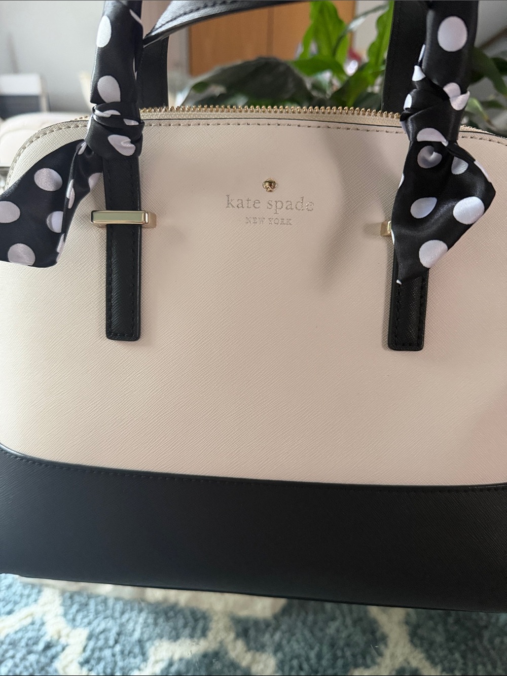 kate spade Two-Tone Cream and Black Dome Satchel with Polka Dot Scarf